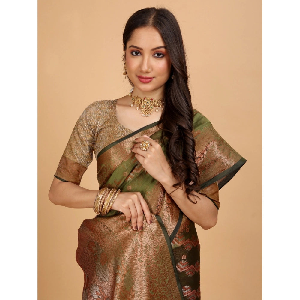 Generic Women's Organza Woven Saree With Unstitched Blouse (Light Green-Gold, 5.5Mtrs)