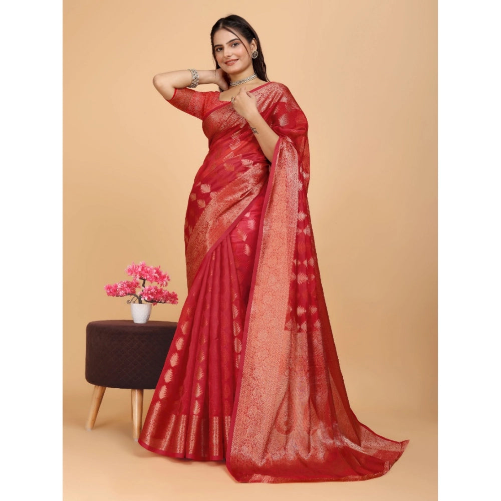 Generic Women's Organza Woven Saree With Unstitched Blouse (Red, 5.5Mtrs)