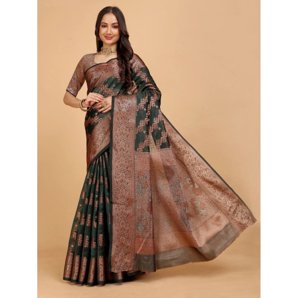 Generic Women's Organza Woven Saree With Unstitched Blouse (Dark Green, 5.5Mtrs)