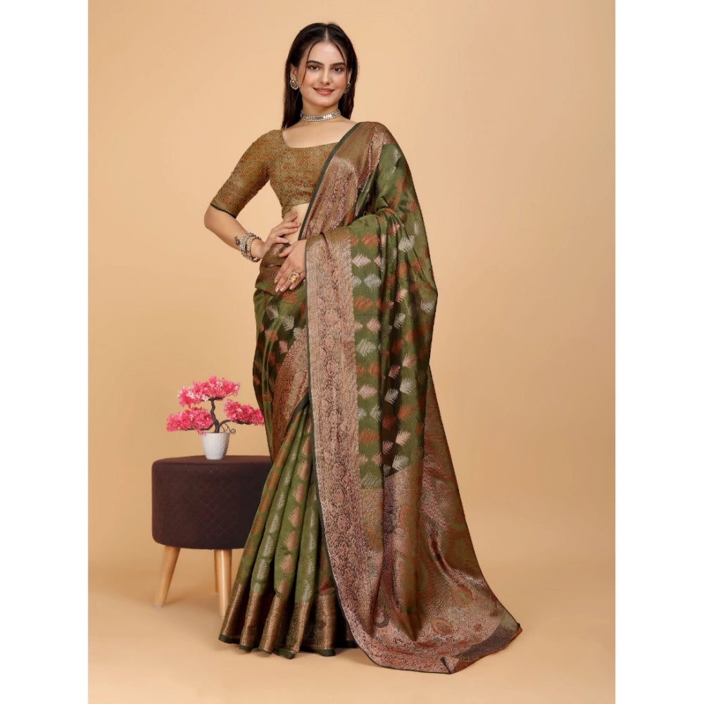 Generic Women's Organza Woven Saree With Unstitched Blouse (Green, 5.5Mtrs)
