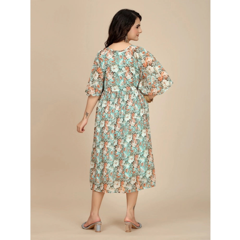 Generic Women's Georgette Printed Round Neck Short Sleeve Dress (Multicolor)