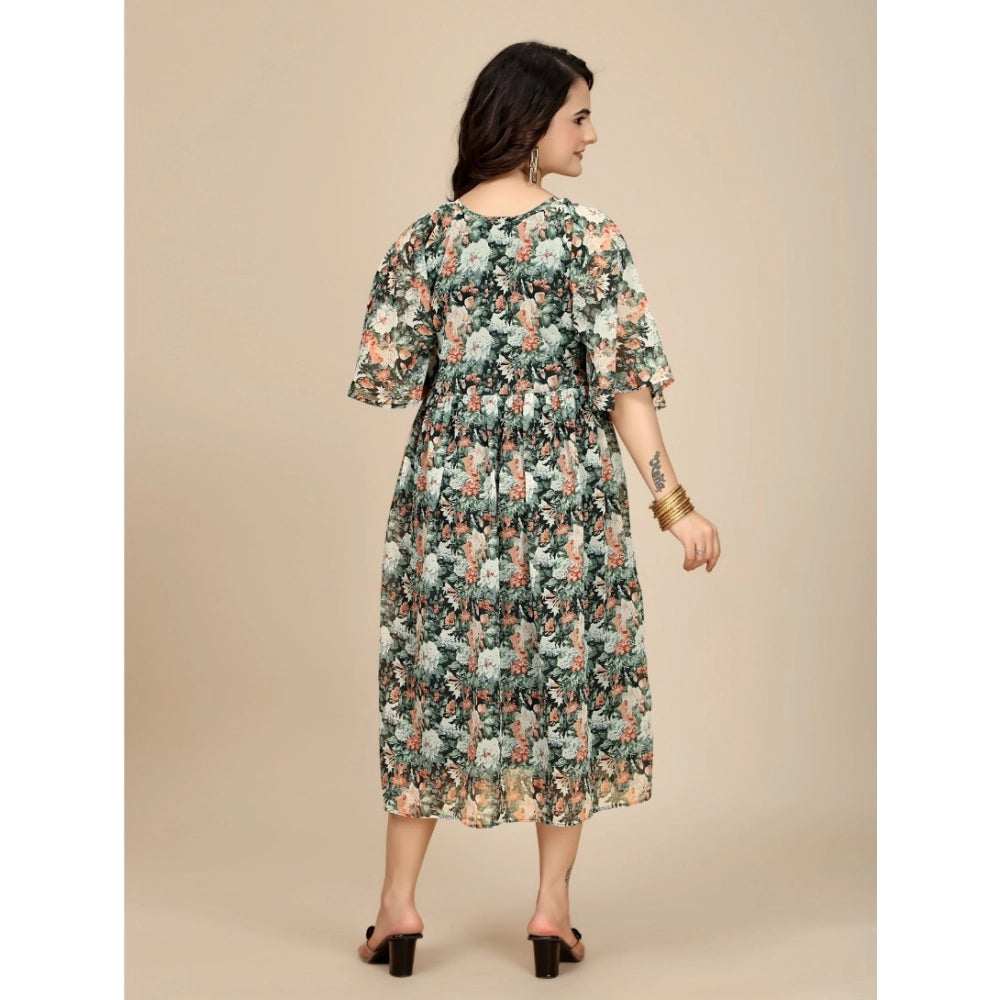 Generic Women's Georgette Printed Round Neck Short Sleeve Dress (Black)