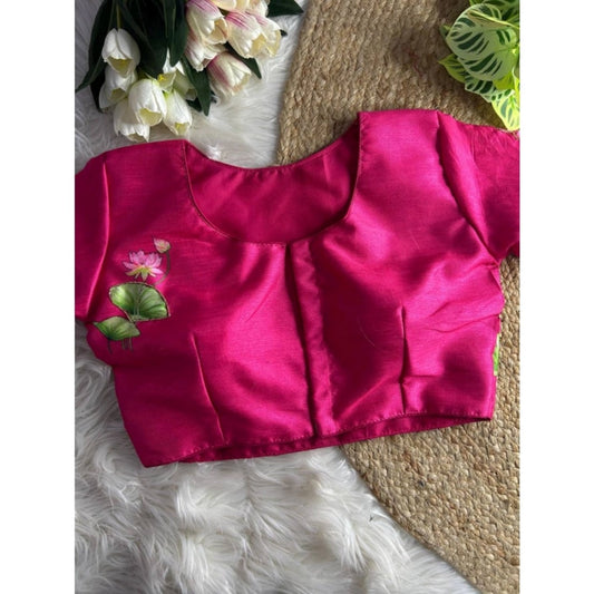 Generic Women's Silk Hand Work Round Neck Short Sleeve Readymade Blouse (Pink, Free Size)