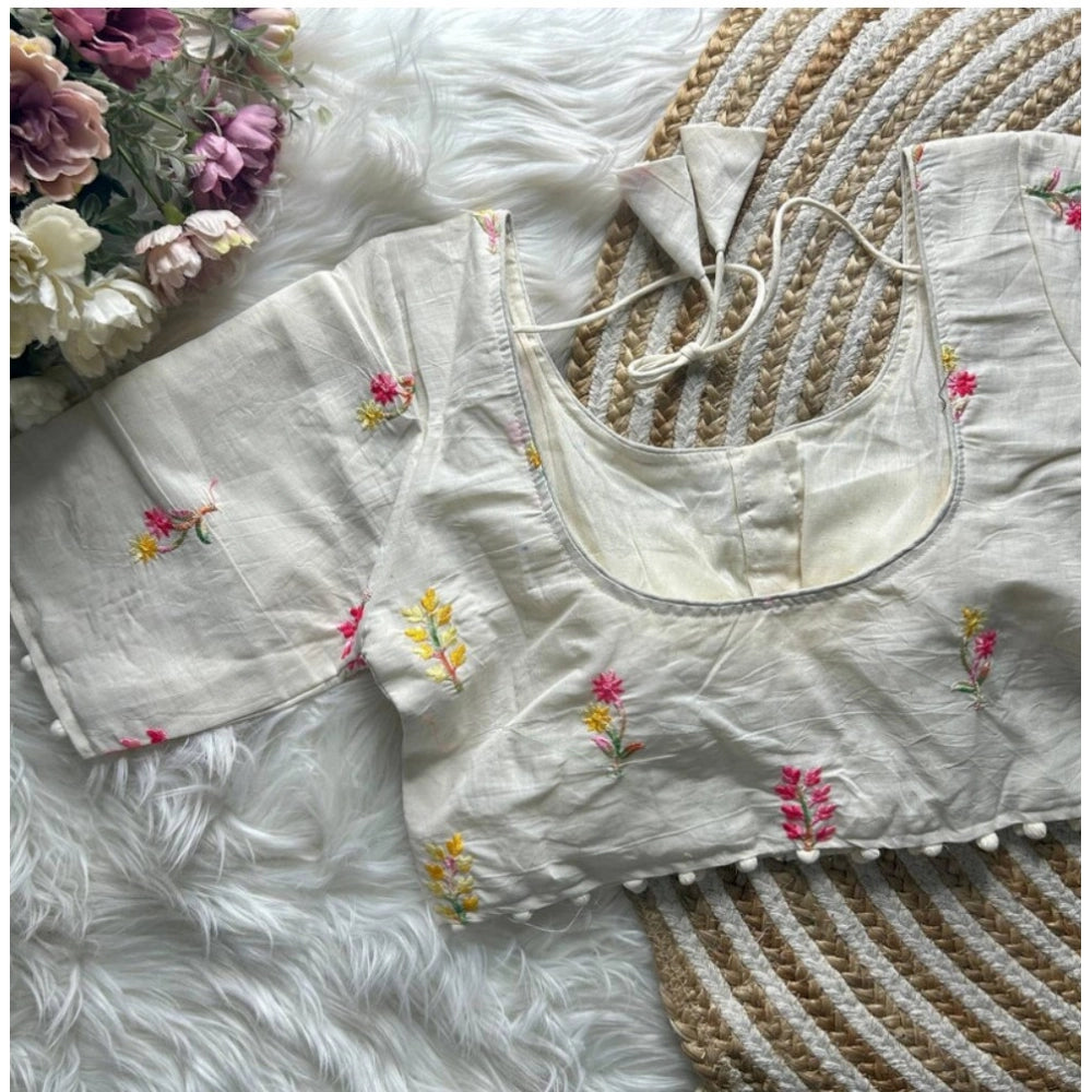 Generic Women's Khadi Cotton Embroidery Round Neck Short Sleeve Readymade Blouse (White, Free Size)