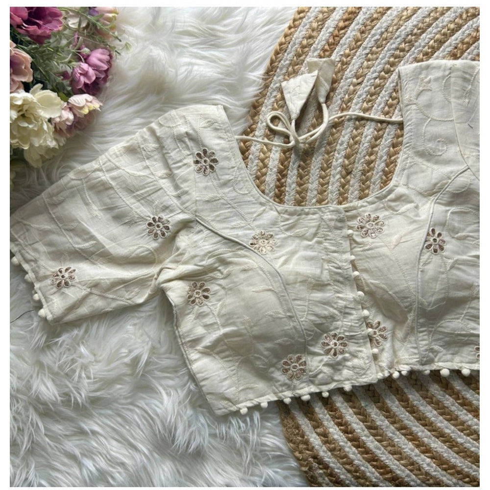 Generic Women's Khadi Cotton Embroidery Round Neck Short Sleeve Readymade Blouse (White, Free Size)