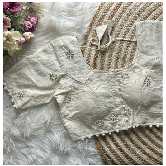 Generic Women's Khadi Cotton Embroidery Round Neck Short Sleeve Readymade Blouse (White, Free Size)