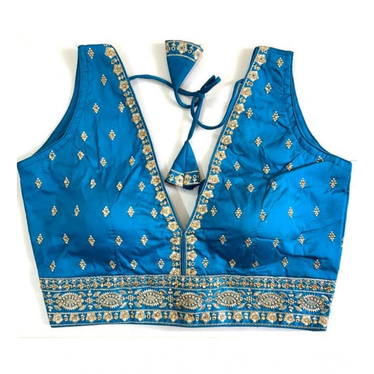 Generic Women's Silk Thread work V Neck Sleeve Less Readymade Blouse (Sky Blue, Free Size)