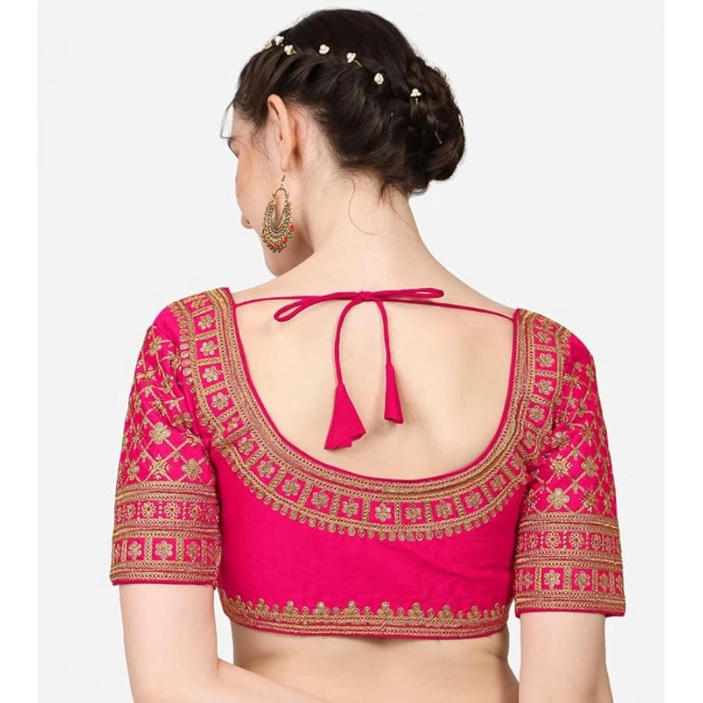 Generic Women's Silk Embroidery Coding Round Neck Short Sleeve Readymade Blouse (Pink, Free Size)