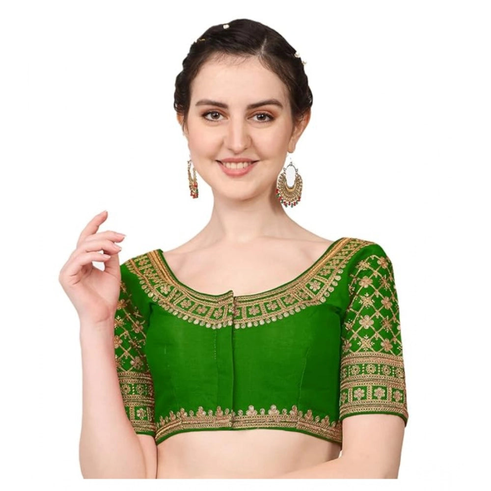 Generic Women's Silk Embroidery Coding Round Neck Short Sleeve Readymade Blouse (Green, Free Size)