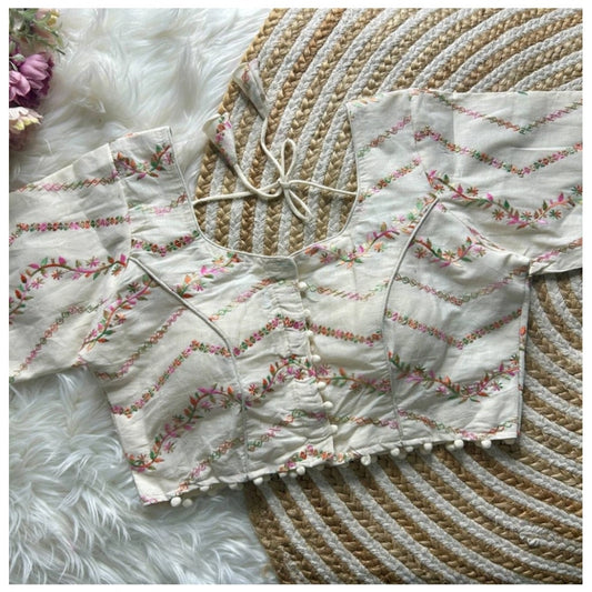 Generic Women's Khadi Cotton Embroidery Round Neck Short Sleeve Readymade Blouse (White, Free Size)