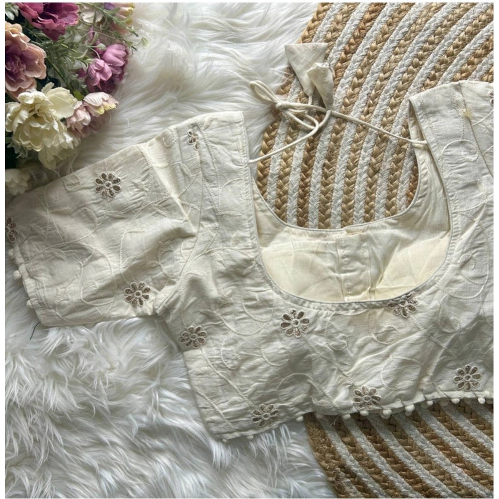 Generic Women's Khadi Cotton Embroidery Round Neck Short Sleeve Readymade Blouse (White, Free Size)