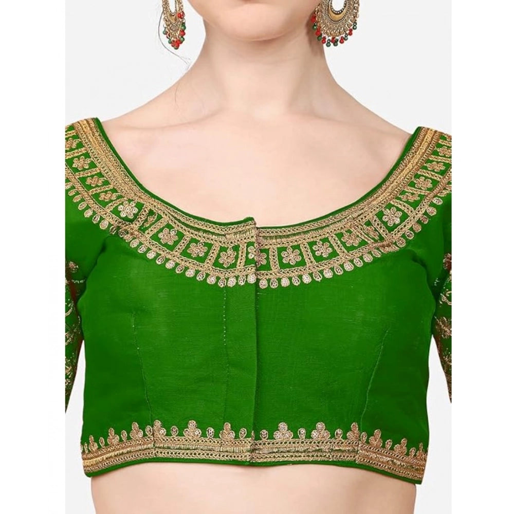 Generic Women's Silk Embroidery Coding Round Neck Short Sleeve Readymade Blouse (Green, Free Size)