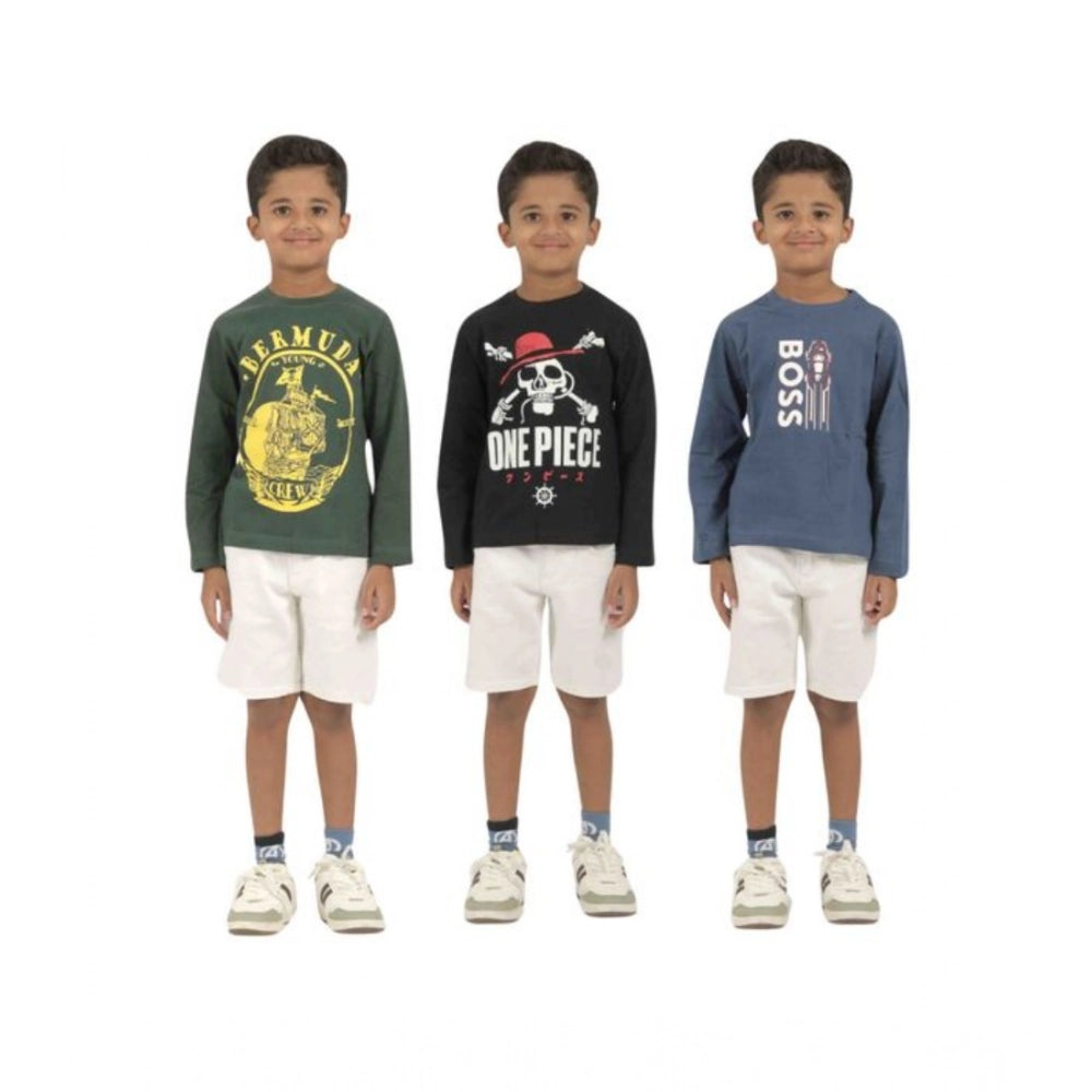Generic Pack of 3 Boy's Cotton Printed Full Sleeve T-Shirt's (Multicolor)