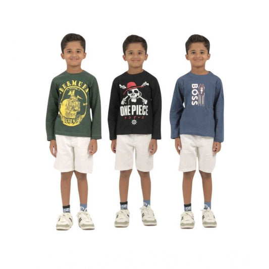 Generic Pack of 3 Boy's Cotton Printed Full Sleeve T-Shirt's (Multicolor)