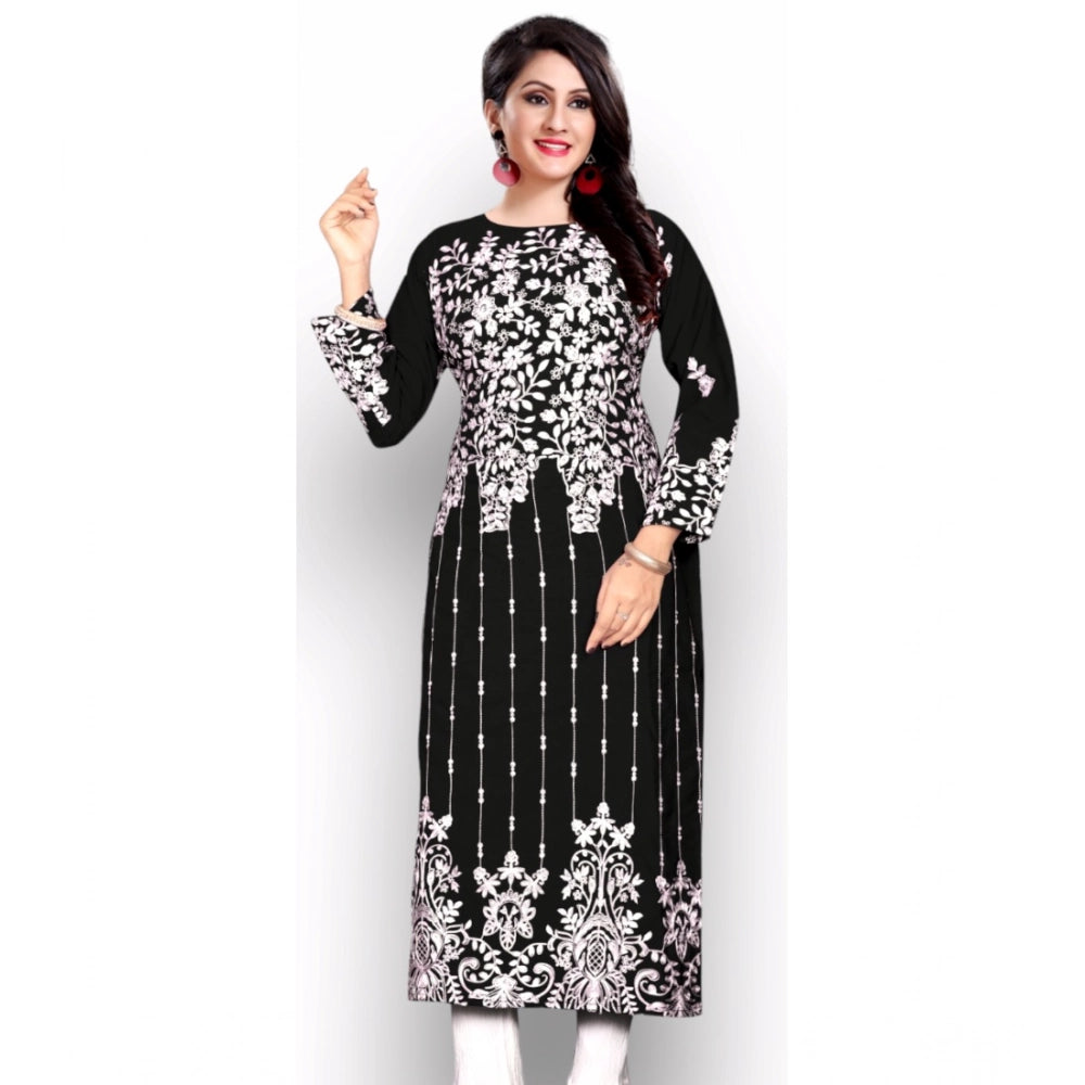 Generic Women's Georgette Printed Round Neck 3-4 th Sleeve Kurti (Black)