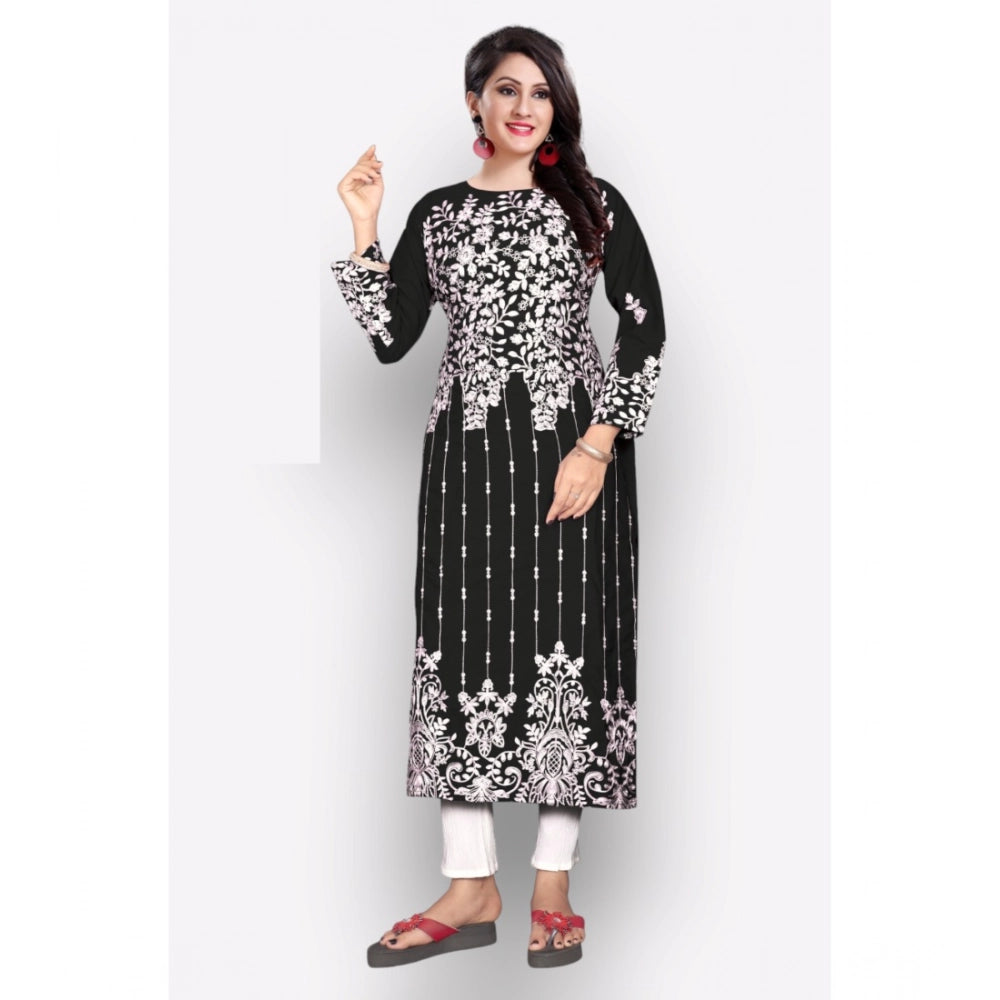 Generic Women's Georgette Printed Round Neck 3-4 th Sleeve Kurti (Black)