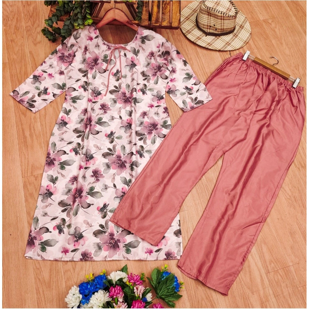 Generic Women's Rayon Printed Round Neck 3-4th Sleeve Kurti With Pant Set (Peach)