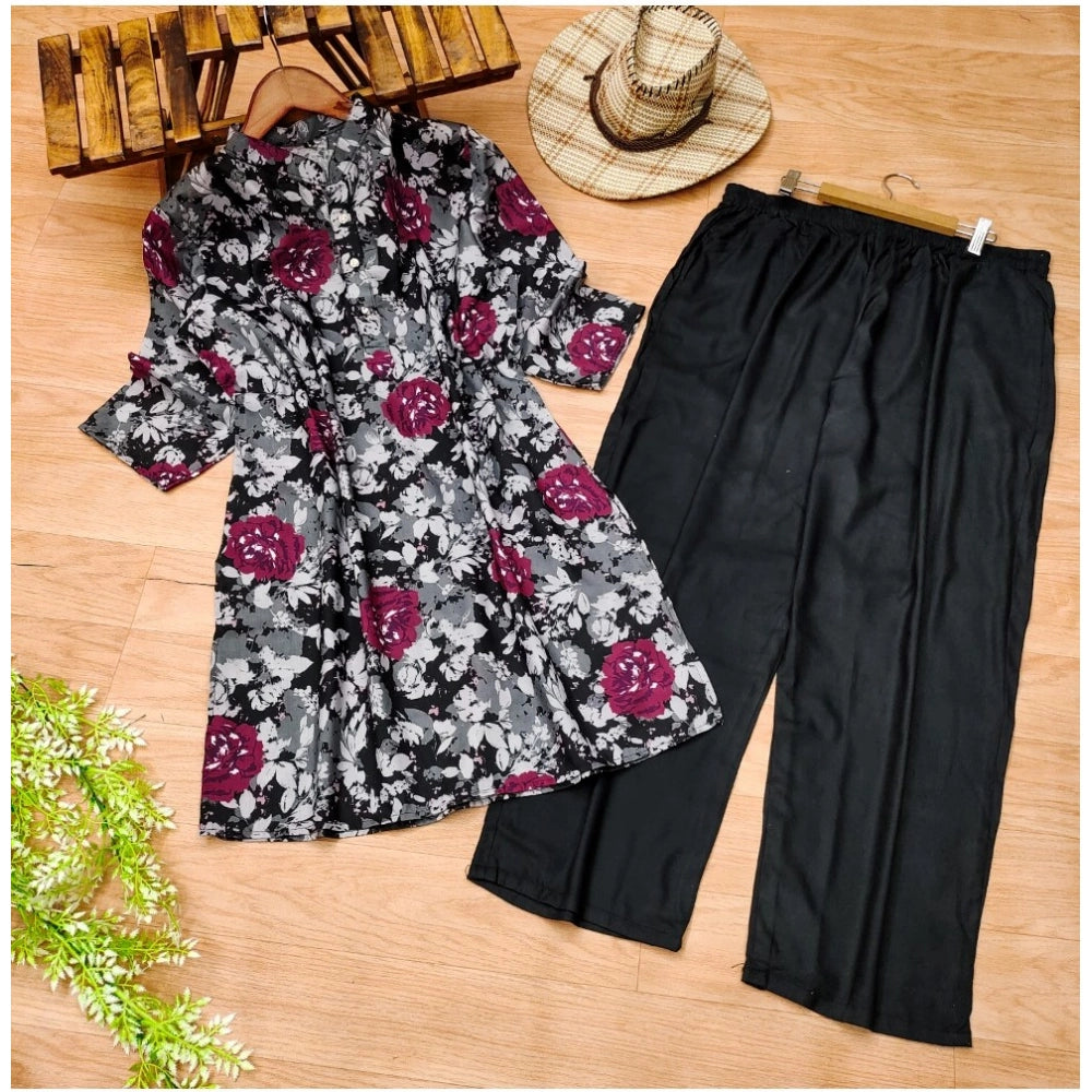 Generic Women's Muslin Printed Mandarin Collar 3-4th Sleeve Kurti With Pant Set (Grey)