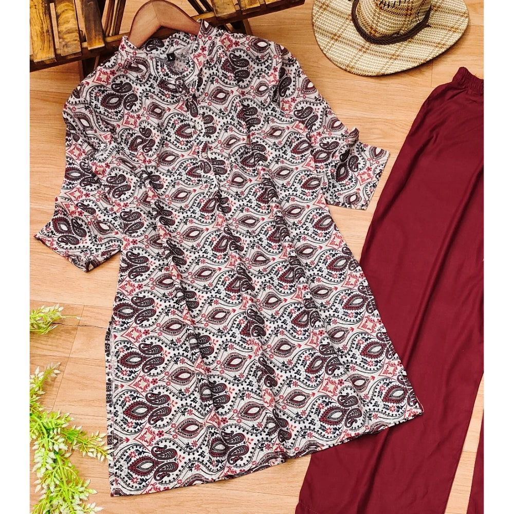 Generic Women's Muslin Printed Mandarin Collar 3-4th Sleeve Kurti With Pant Set (Red Grey)