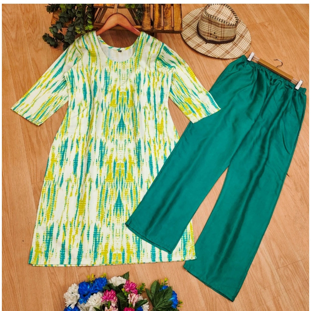 Generic Women's Rayon Printed Round Neck 3-4th Sleeve Kurti With Pant Set (Green)