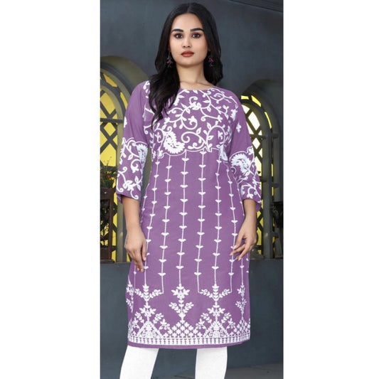 Generic Women's Rayon Printed Round Neck 3-4th Sleeve Kurti (Lavender)