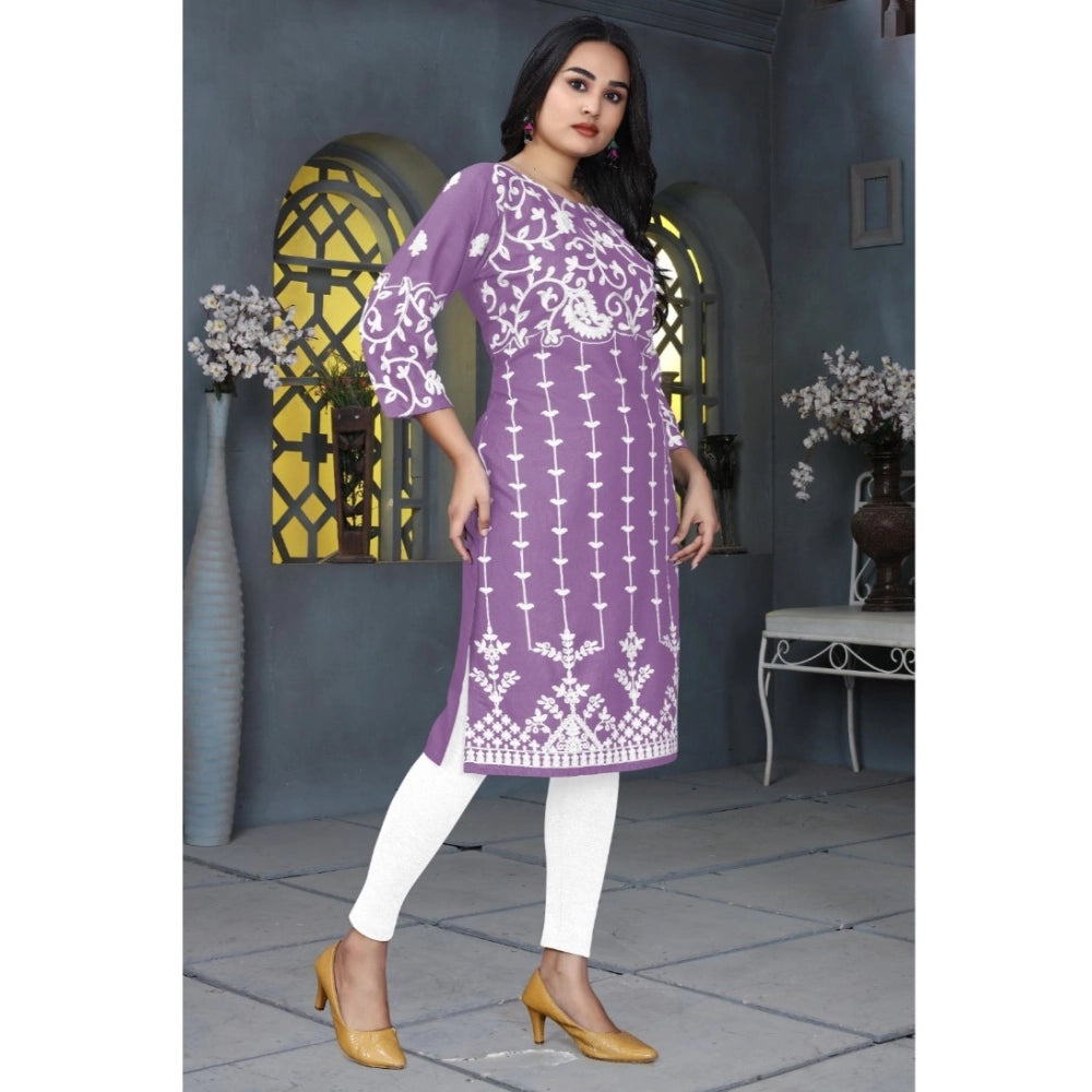 Generic Women's Rayon Printed Round Neck 3-4th Sleeve Kurti (Lavender)