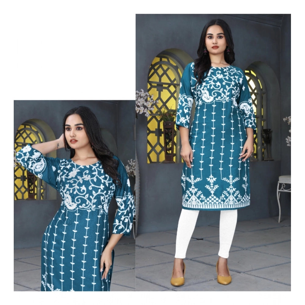 Generic Women's Rayon Printed Round Neck 3-4th Sleeve Kurti (Rama)