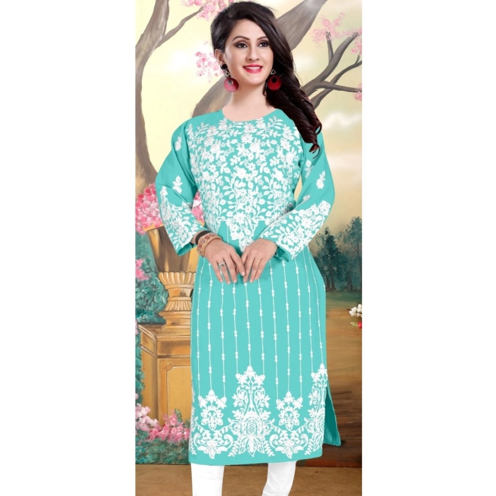 Generic Women's Georgette Printed Round Neck 3-4th Sleeve Kurti (Sky)
