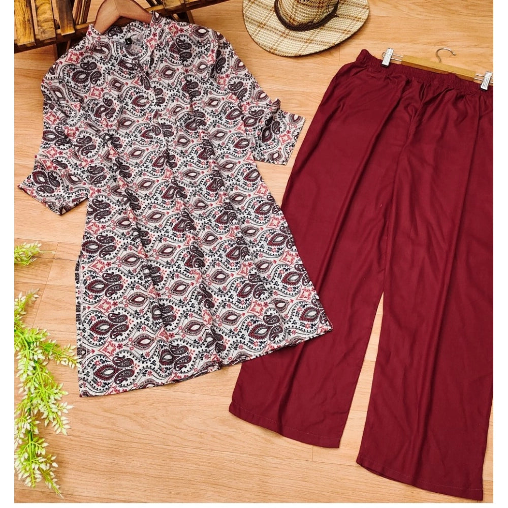 Generic Women's Muslin Printed Mandarin Collar 3-4th Sleeve Kurti With Pant Set (Red Grey)