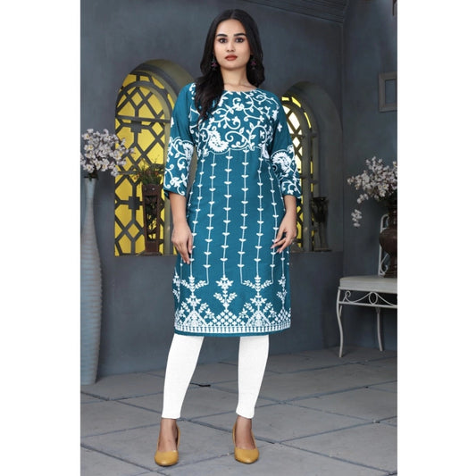 Generic Women's Rayon Printed Round Neck 3-4th Sleeve Kurti (Rama)