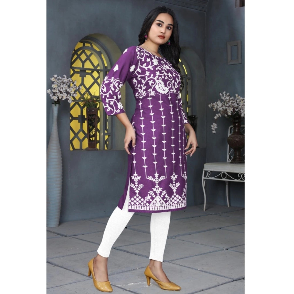 Generic Women's Rayon Printed Round Neck 3-4th Sleeve Kurti (Purple)