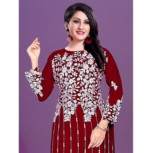 Generic Women's Rayon Printed Round Neck 3-4th Sleeve Kurti (Maroon)