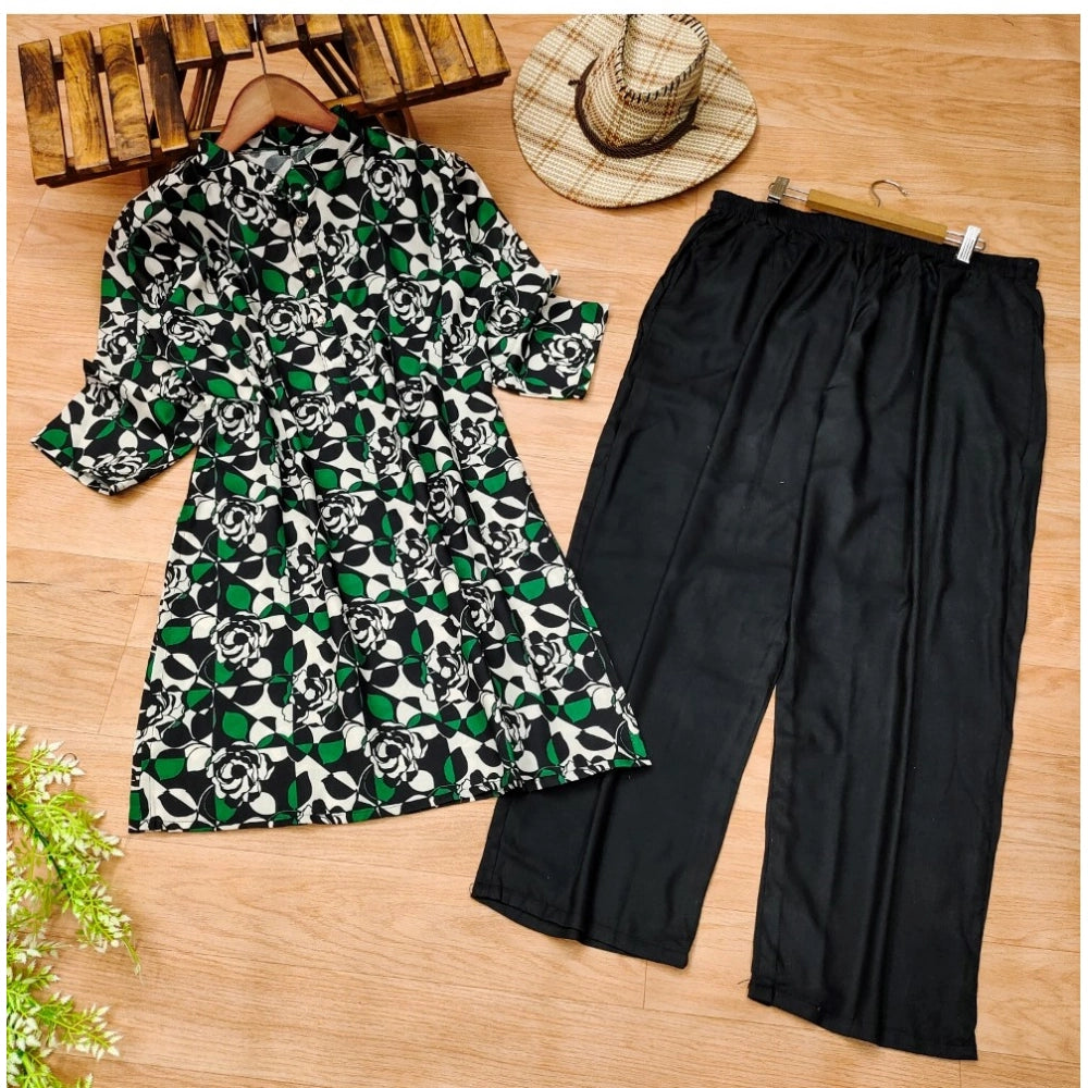 Generic Women's Muslin Printed Mandarin Collar 3-4th Sleeve Kurti With Pant Set (Green)