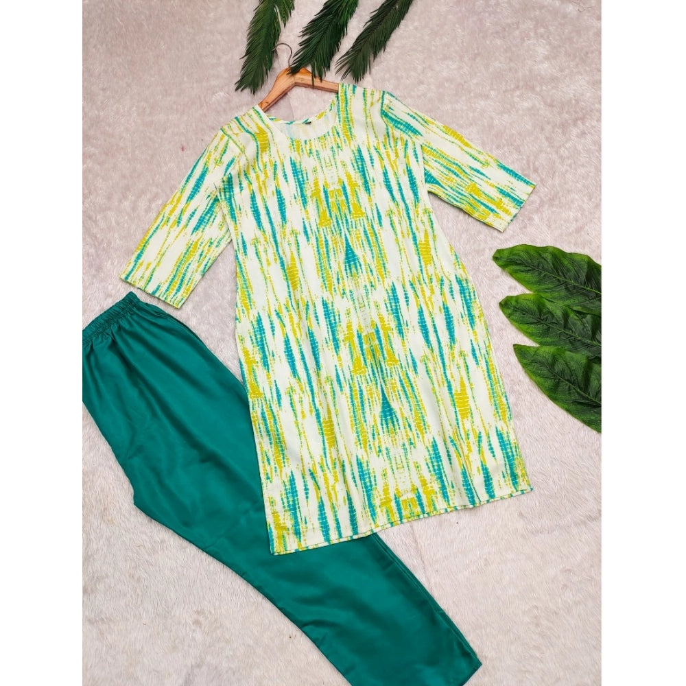 Generic Women's Rayon Printed Round Neck 3-4th Sleeve Kurti With Pant Set (Green)