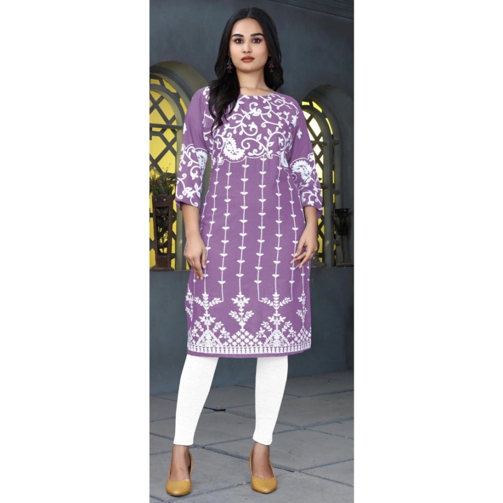 Generic Women's Rayon Printed Round Neck 3-4th Sleeve Kurti (Lavender)