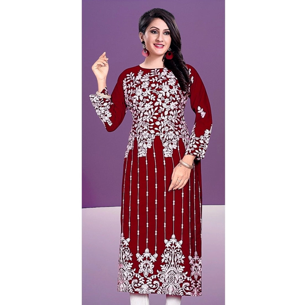 Generic Women's Rayon Printed Round Neck 3-4th Sleeve Kurti (Maroon)