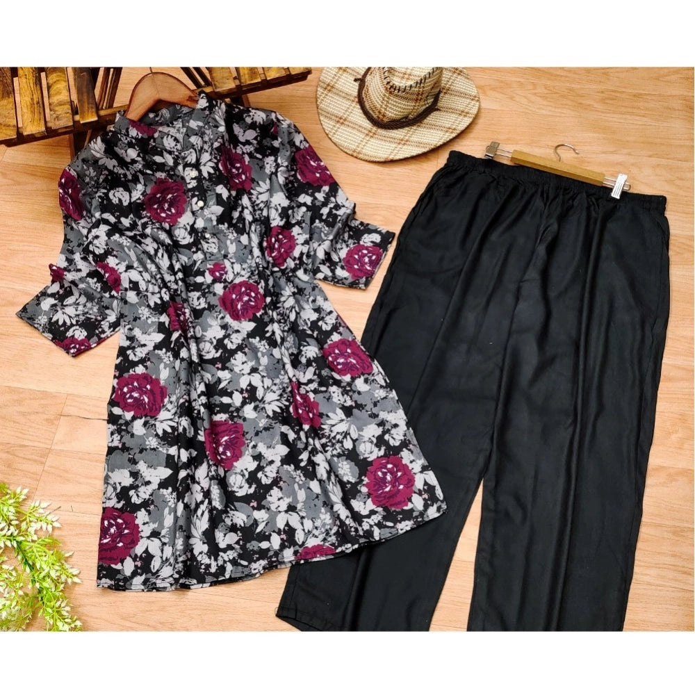 Generic Women's Muslin Printed Mandarin Collar 3-4th Sleeve Kurti With Pant Set (Grey)