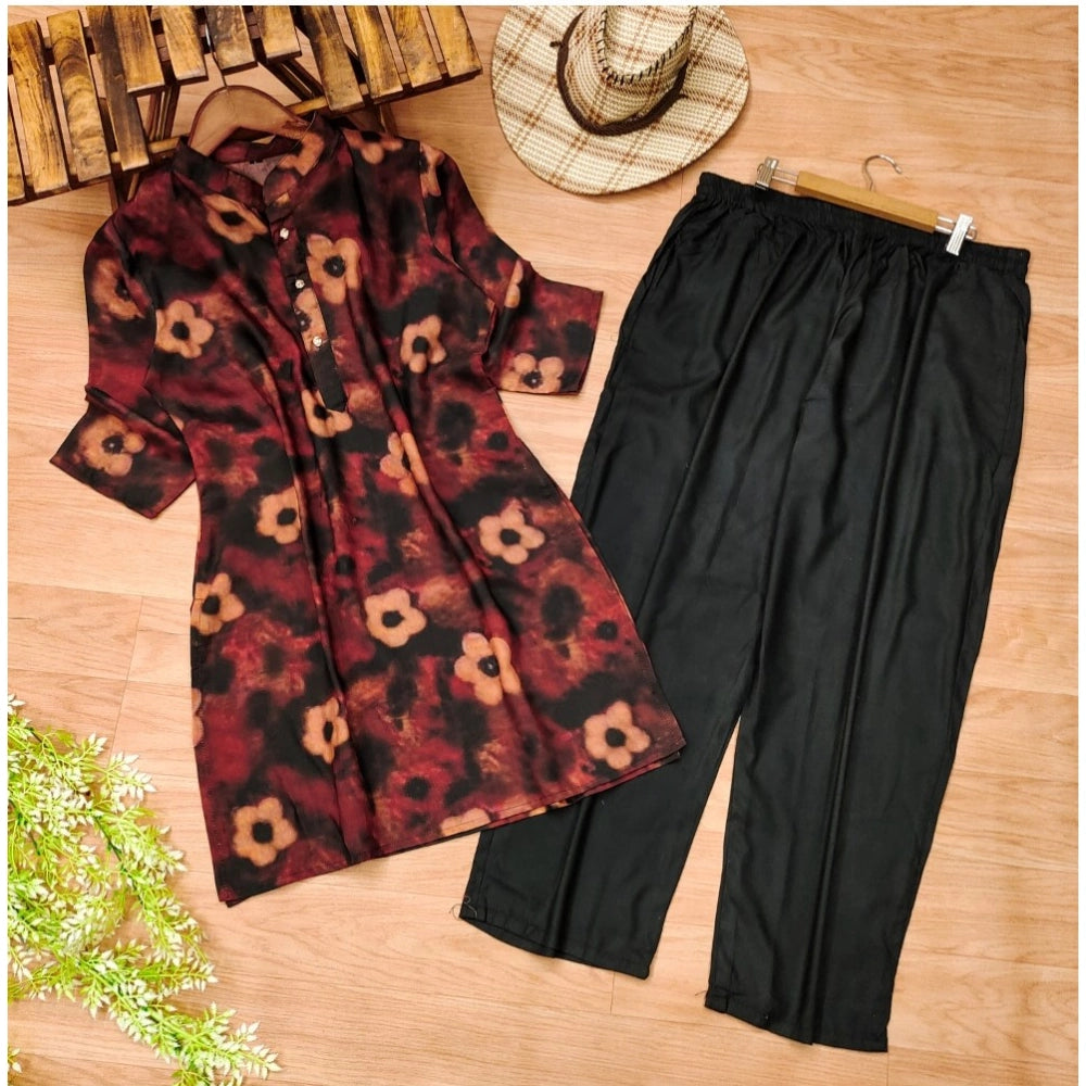Generic Women's Muslin Printed Mandarin Collar 3-4 th Sleeve Kurti With Pant Set (Black)
