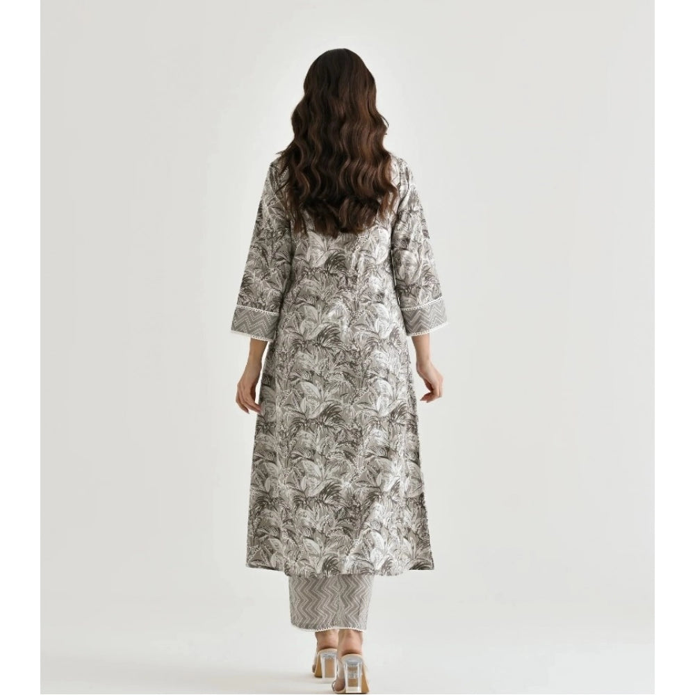 Generic Women's Cotton Blend Printed V Neck Kurti with Pant Set (Grey)