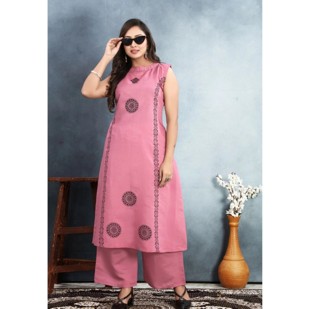 Generic Women's Silk Printed Round Neck Kurti with Pant Set (Pink)
