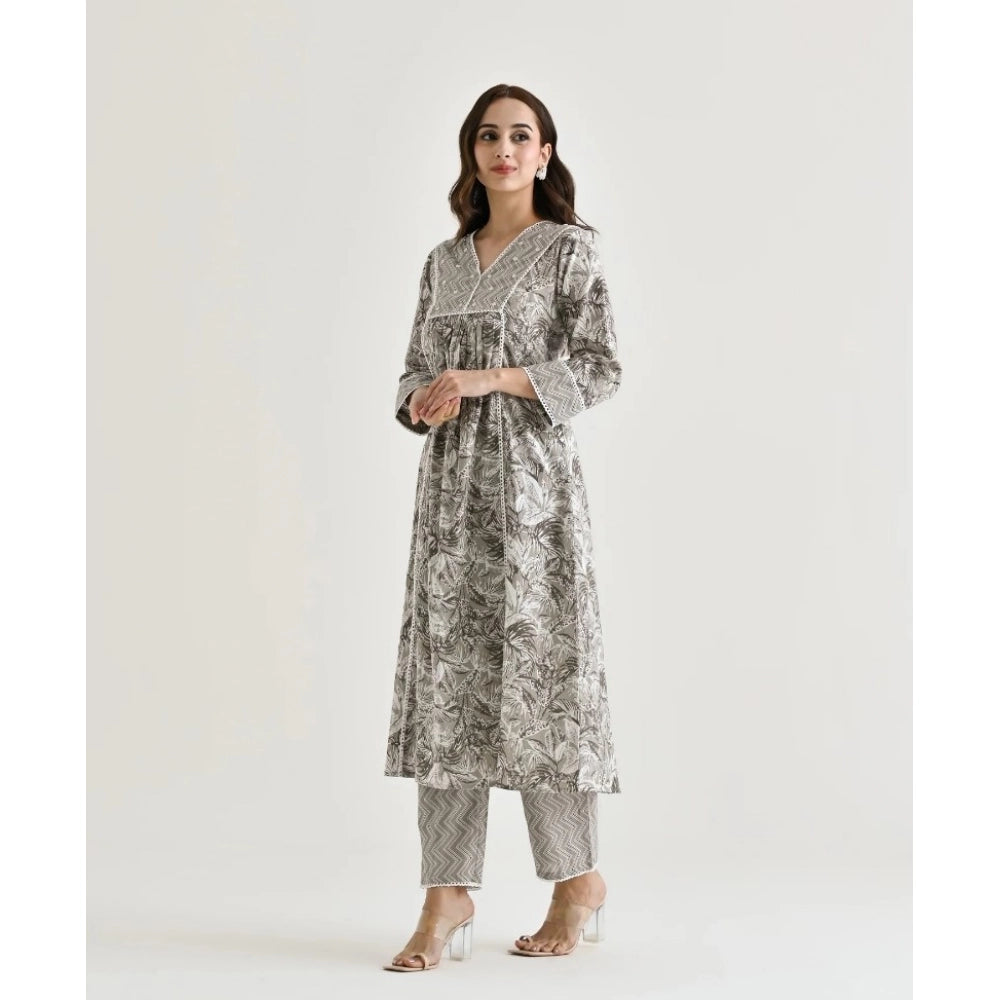 Generic Women's Cotton Blend Printed V Neck Kurti with Pant Set (Grey)