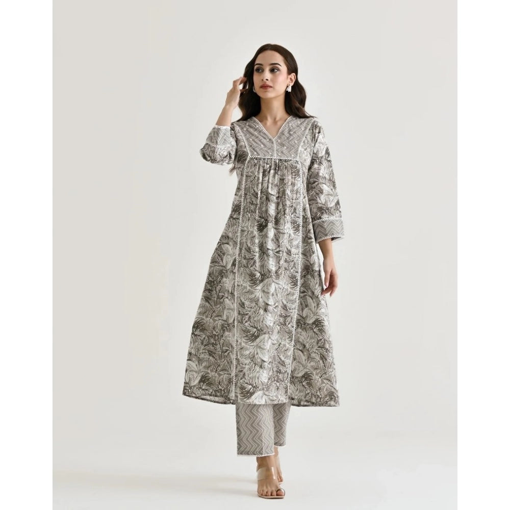 Generic Women's Cotton Blend Printed V Neck Kurti with Pant Set (Grey)