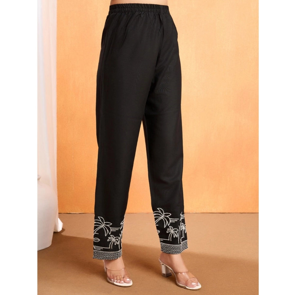 Generic Women's Viscose Rayon Embroidered Chinese Collar Kurti with Pant Set (Black)