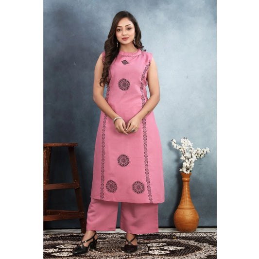 Generic Women's Silk Printed Round Neck Kurti with Pant Set (Pink)