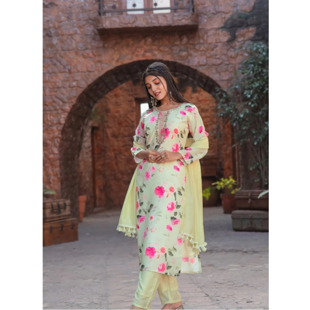 Generic Women's Cotton Blend Printed Round Neck Kurti with Pant and Dupatta Set (Green)