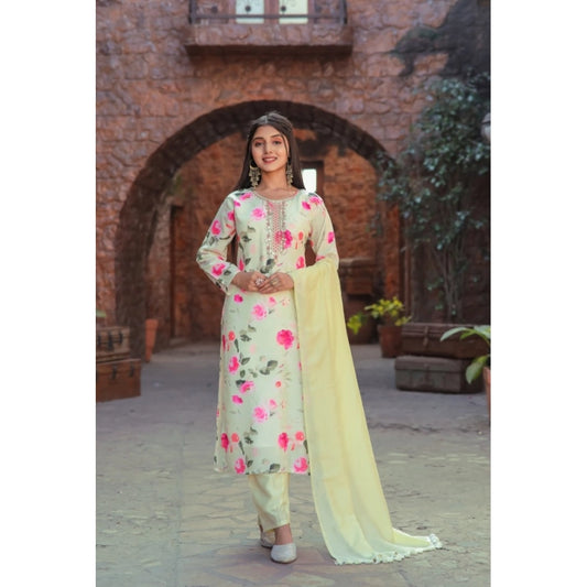 Generic Women's Cotton Blend Printed Round Neck Kurti with Pant and Dupatta Set (Green)