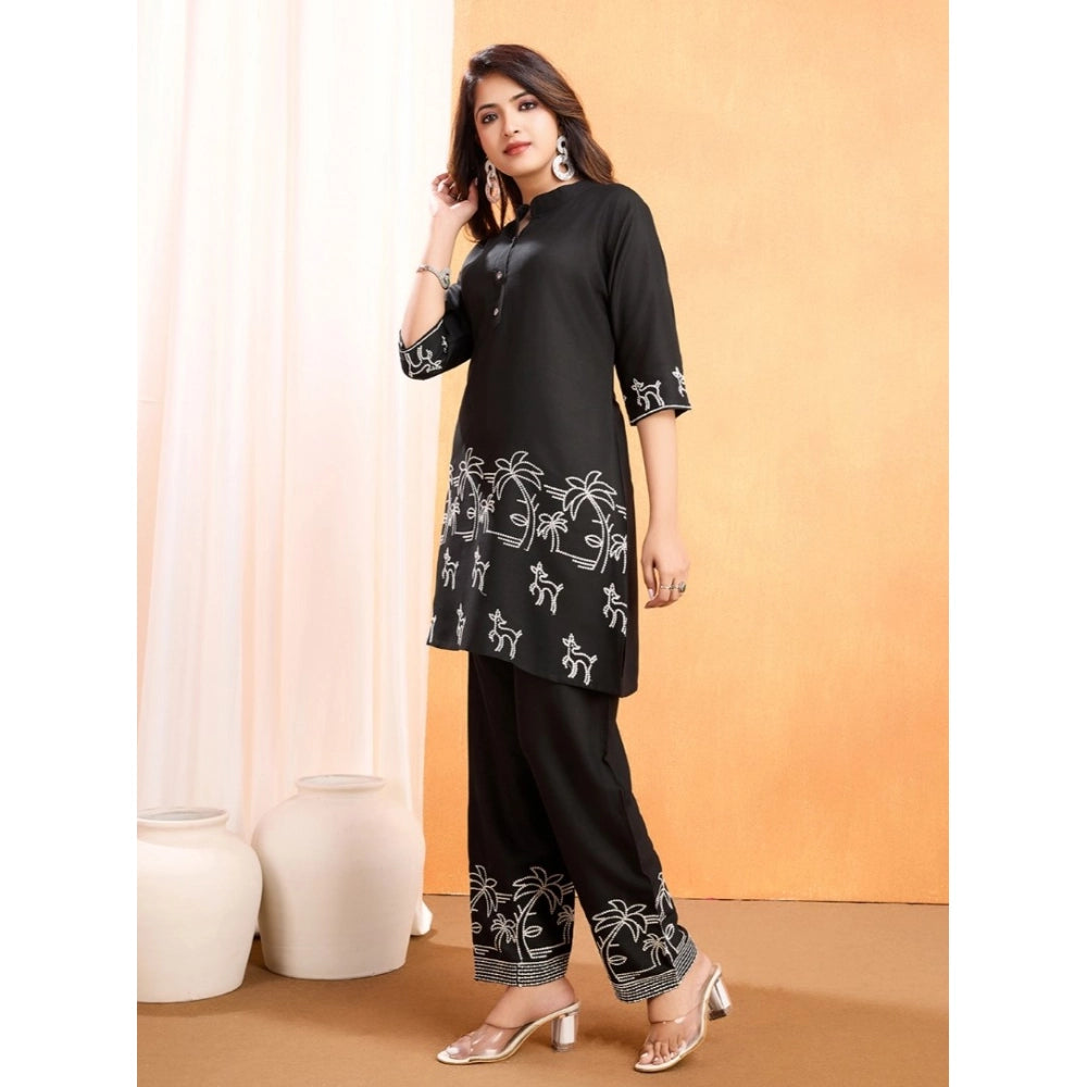 Generic Women's Viscose Rayon Embroidered Chinese Collar Kurti with Pant Set (Black)