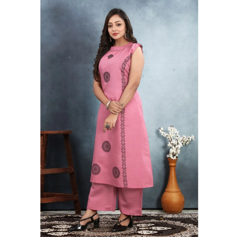 Generic Women's Silk Printed Round Neck Kurti with Pant Set (Pink)