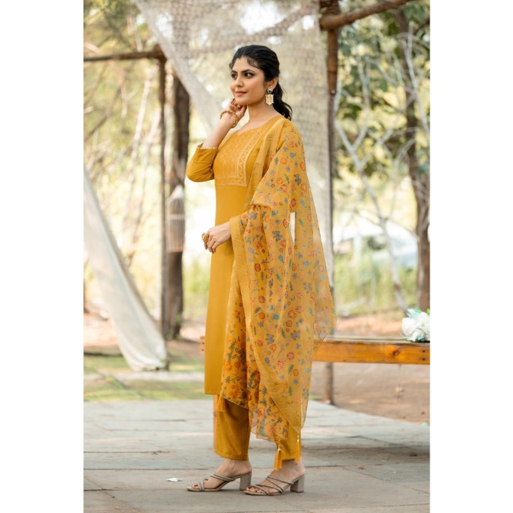 Generic Women's Rayon Printed Round Neck Kurti with Pant and Dupatta Set (Mustard yellow)