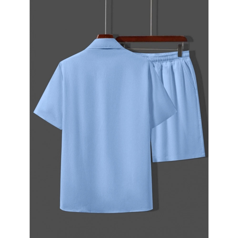 Generic Men's Popcon Solid Half Sleeve Shirt and Shorts Set (Sky Blue)